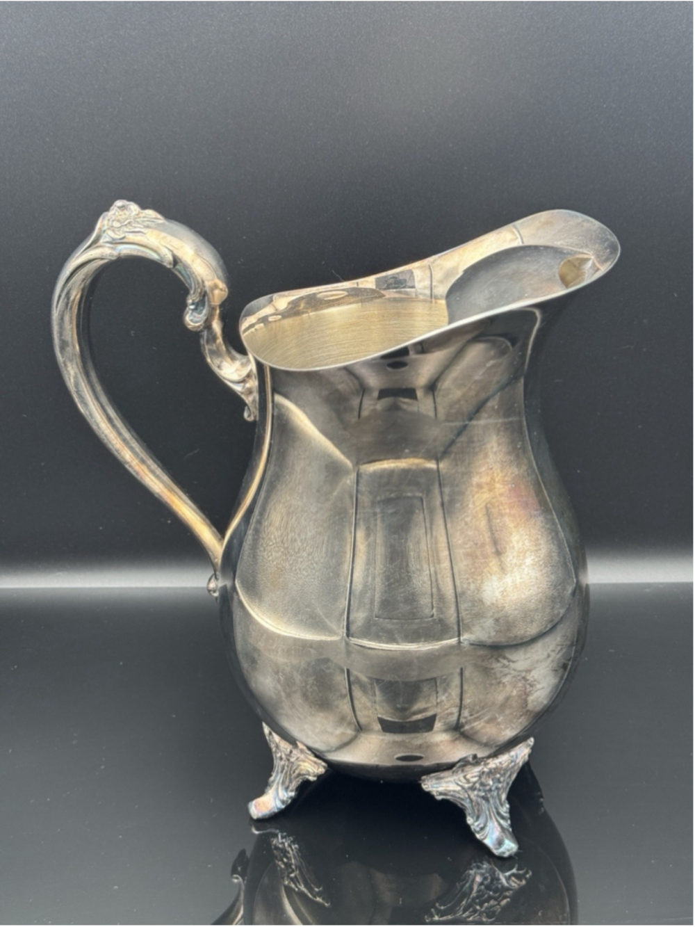 Victorian Silverplate Footed Pitcher w/ Ornate Handle Great Patina
